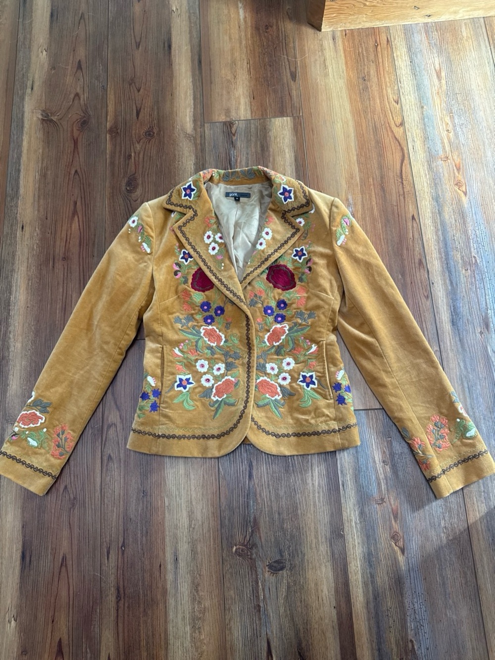 Embroidered Mustard Velvet Blazer - Women's Floral Suit Jacket - Picture 1 of 4